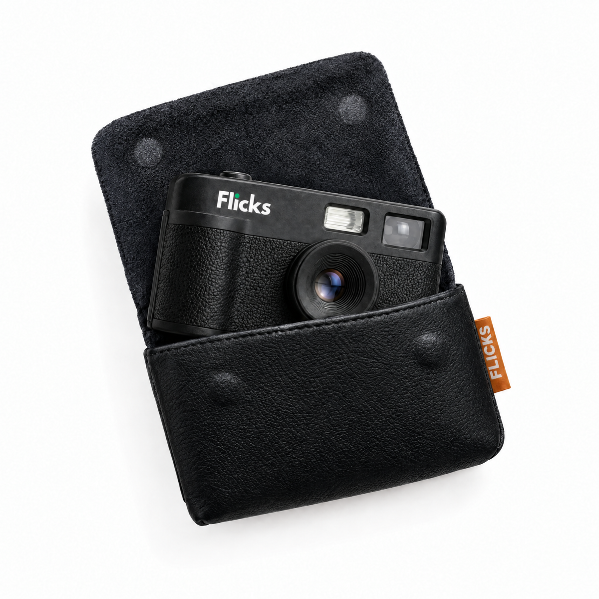 Flicks Explorer kamera i åben kamerataske med magnetlukning