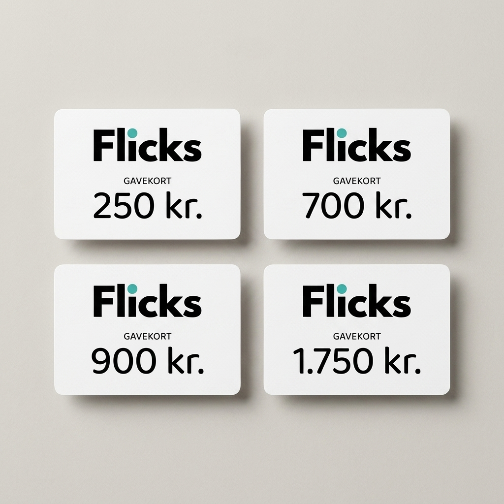Flicks gavekort i fire værdier: 250 kr., 700 kr., 900 kr. og 1.750 kr.
