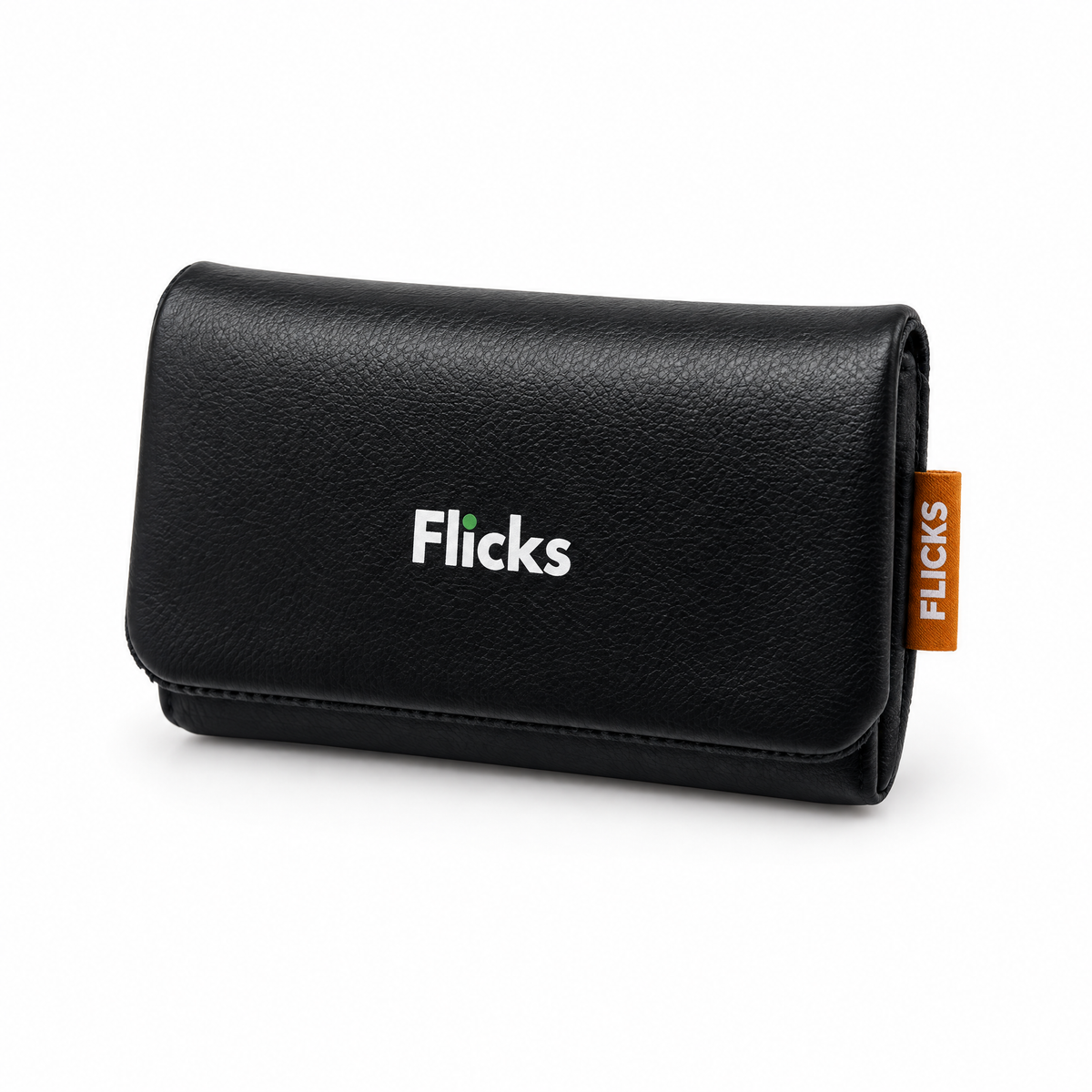 Sort Flicks kamerataske med orange Flicks-mærke set fra siden